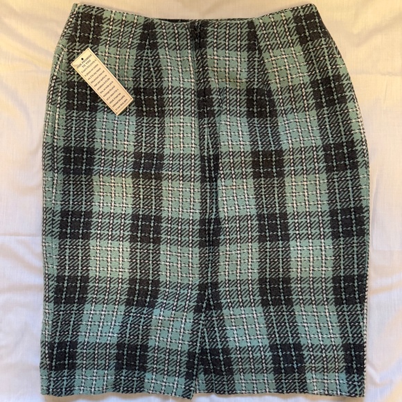 Jessica Scott Vintage Green Gray Plaid Light Tweed Pencil Skirt Size 12 - Picture 6 of 6